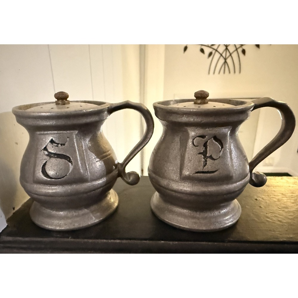 Vintage PEWTER SALT AND PEPPER SHAKERS 3" Tall Mug Shaped Dispensers
